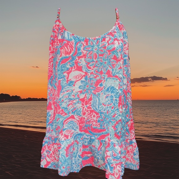 Lilly Pulitzer Coral Pink Blue Sun Ray Ruffled Peplum Tank Top Shirt Cami XL NWT - Picture 4 of 11